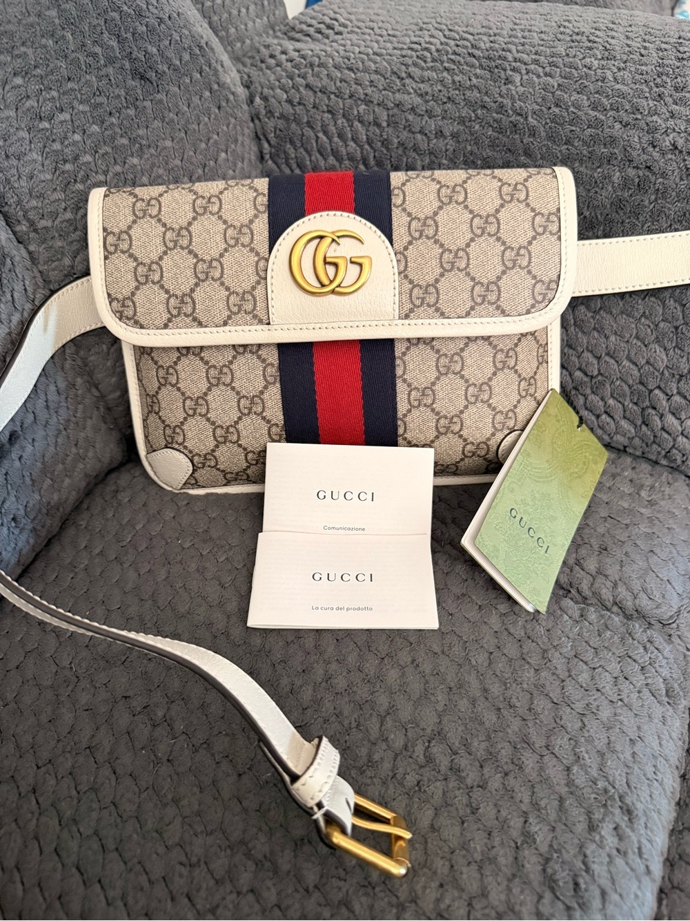 Gucci Ophidia Belt BagSupreme Canvas Crossbody with White Trim & Red-Blue Stripe